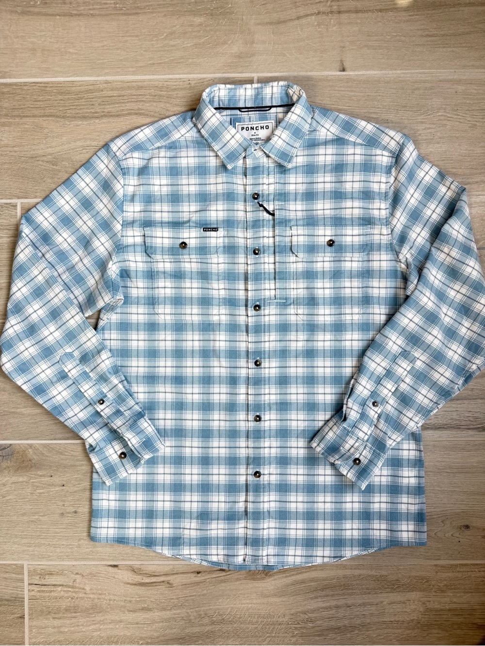Poncho Mens Slim Fit Performance Shirt Medium Blue Plaid Stretch Button Up